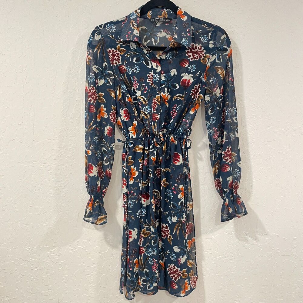 ~ ZARA Sheer* XS Tunic Blouse/Dress Floral Botanical Boho Button Up Long Sleeve